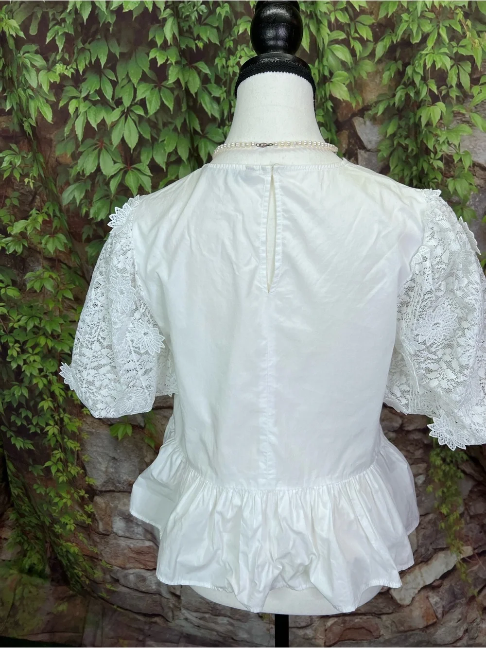 ZARA White Coastal Prep Feminine Lace Puff Sleeve Romantic Peplum Blouse, S